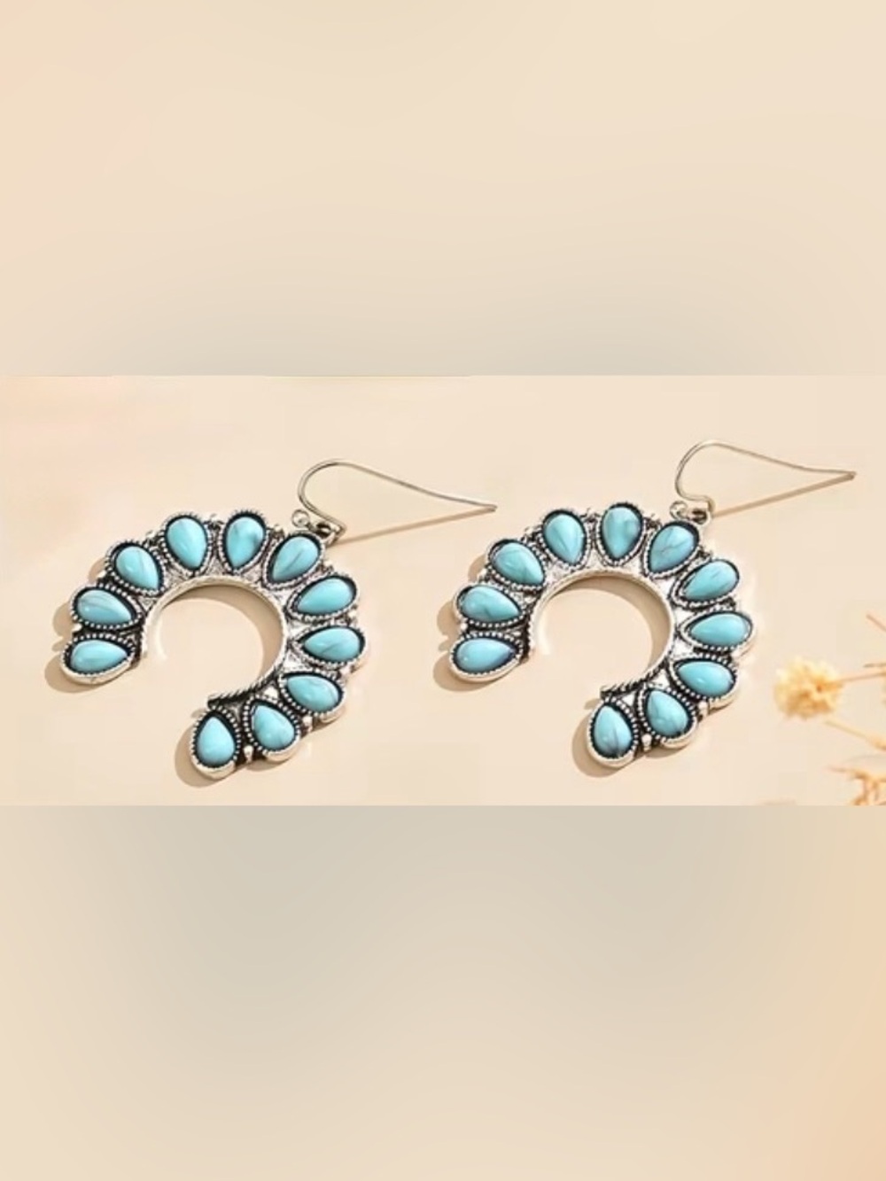 Western Horseshoe Turquoise Silver Dangle Earrings Cowgirl Earrings - Picture 2 of 5